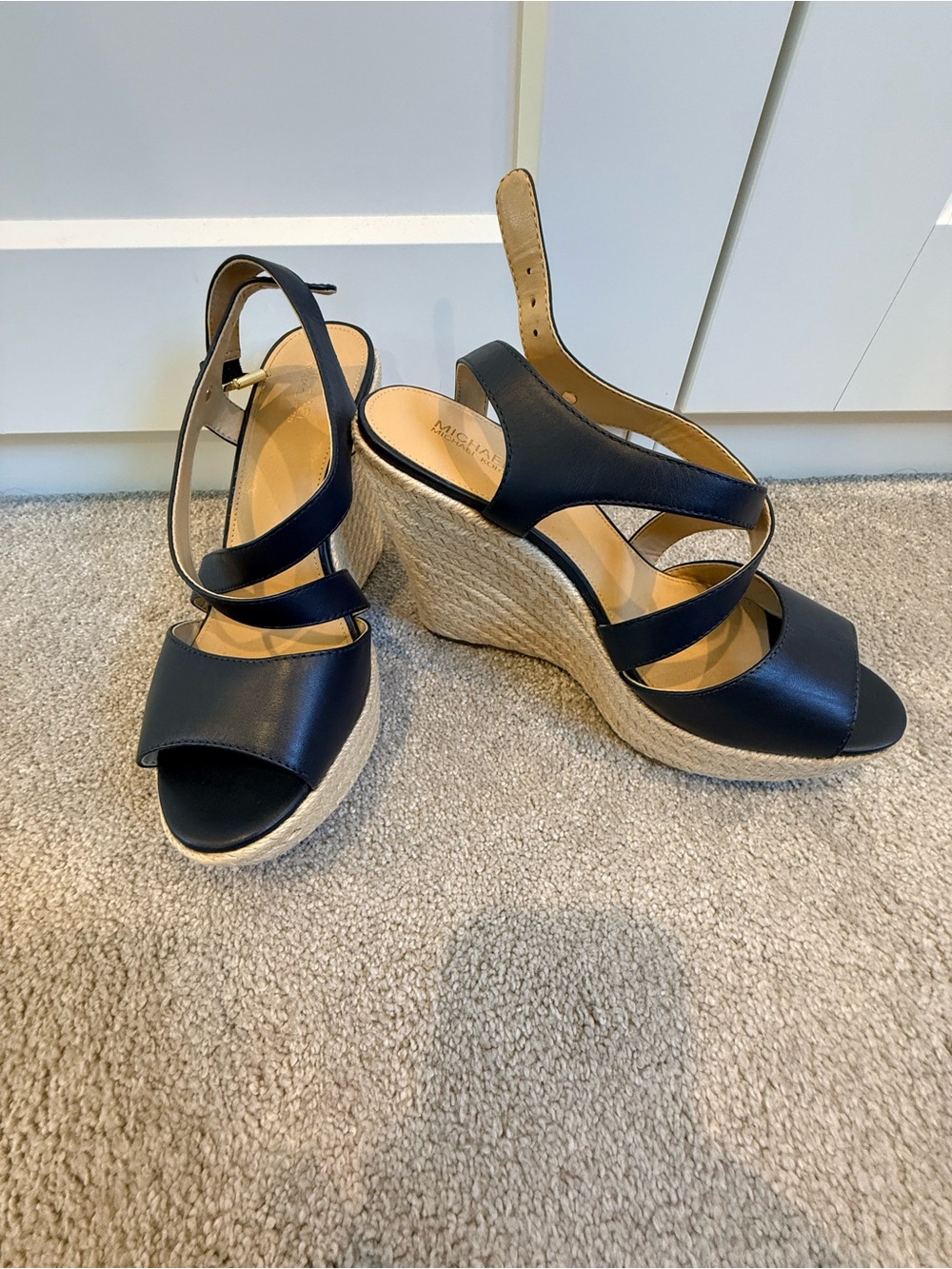 Michael Kors Navy Leather Espadrille Wedge Sandals with Braided Jute Platform